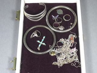 2 silver bangles and other items of silver costume jewellery