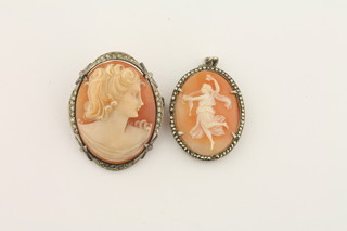 A shell carved cameo portrait brooch together with a pendant