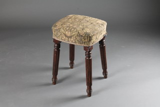 A 19th Century rectangular mahogany stool on turned and reeded  supports 14"w x 12"d x 19 1/2"h