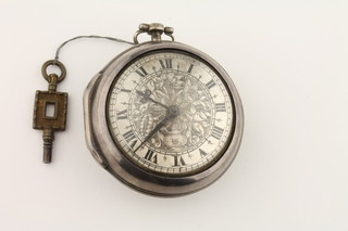 An 18th Century fusee pocket watch by W. Kipling of London, contained in a silver pair case, makers mark WB and with old  watch paper from Cramp Bros. of High Street Henfield