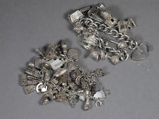 2 silver curb link charm bracelets, hung numerous charms 6 ozs
