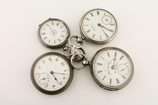 A silver open faced pocket watch by S Park of Eastbourne  contained in a silver case, 1 other silver cased pocket watch, a  silver fob watch and a pocket watch in a gun metal case