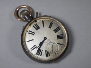 A Goliath 8 day open faced pocket watch with silver dial marked  M & M Co contained in a gun metal case