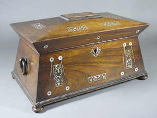 A Victorian rosewood inlaid mother of pearl sarcophagus shaped  twin compartment tea caddy with hinged lid and drop handles to  the sides, raised on bun feet 14"w x 9"d x 7"h, no mixing bowl,