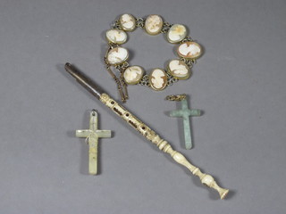 2 hardstone crosses, a shell carved cameo bracelet and an ivory dip pen with Stanhope