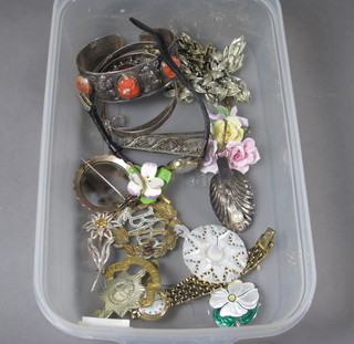2 silver bangles, a silver caddy spoon pendant decorated a pearl  and a collection of costume jewellery