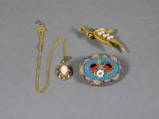 A gold spray brooch set pearls, a shell carved cameo pendant  with gilt mount hung on a gilt chain and a micro mosaic brooch