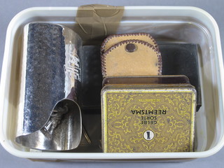 A silver plated sandwich box with hinged lid etc