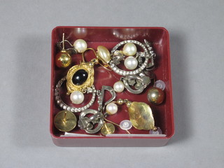 A pair of gilt metal earrings set cabouchon cut stones and other various earrings