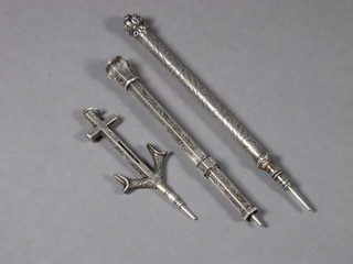 An engraved metal propelling pencil in the form of a cross and anchor together with 2 Morden propelling pencils