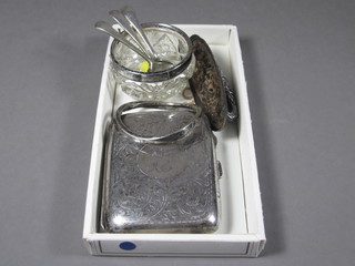 A silver cigarette case, an embossed silver nail buffer, a silver  rim, a glass salt with silver rim and 3 condiment spoons 2 ozs,