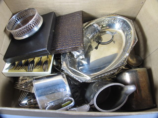 2 silver plated cake baskets, 6 silver plated pastry forks, do. teaspoons and other plated items