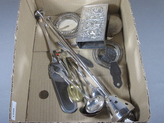 A silver plated match box cover, Sterling silver compact and a collection of flatware, etc,