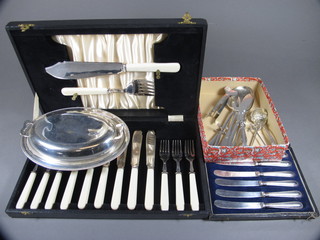 A set of 6 silver plated fish knives and forks, 6 silver handled tea knives, an oval entree dish and cover and a small collection of  flatware