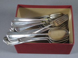 5 silver plated rat tail pattern table spoons, do. 3 table forks, 4 do. pudding spoons, 4 do. forks and 2 teaspoons