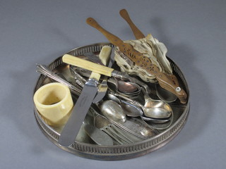 A circular silver plated salver 8", a small fan and silver plated flatware