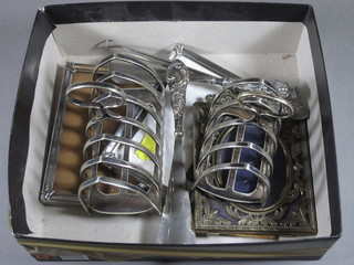 2 silver plated toast racks, 2 silver handled shoe horns, button hooks etc