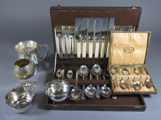A canteen of silver plated Old English pattern flatware, a set of 6  silver plated apostle spoons cased, a silver plated goblet, tankard,  cream jug and sugar bowl