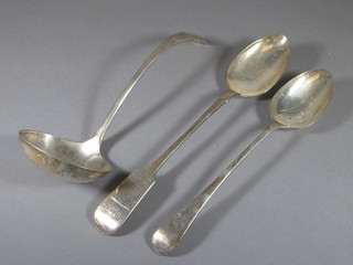 A silver plated Old English pattern soup ladle, do. serving spoon and a fiddle pattern serving spoon