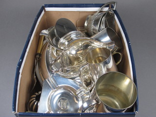 An oval silver plated entree dish and cover, 3 silver plated  tankards and other plated items