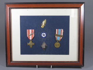 2 French medals and 3 badges, framed