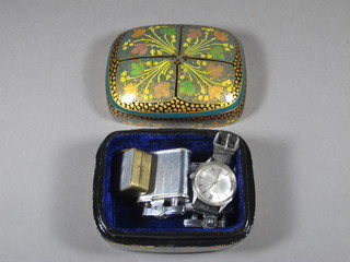 A Citizen wristwatch, 2 lighters etc in a lacquered box