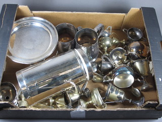 A silver plated twin handled wine cooler, 2 silver plated tankards and other plates items etc