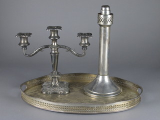 A silver plated 3 light candelabrum, a chromium plated  candlestick and an oval silver plated galleried tea tray 18"