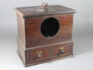 A 19th Century rectangular mahogany 2 drawer ballot box 11"w x 8"d x 10 1/2"h, requires some attention   ILLUSTRATED