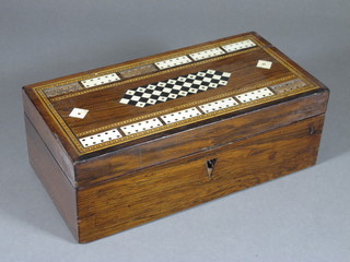A Victorian rectangular inlaid rosewood cribbage board with  hinged lid 10"w x 5"d x 5"h