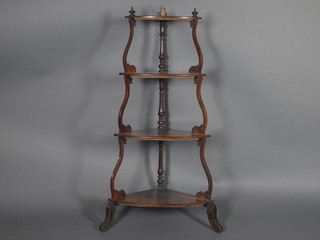 A Victorian walnut graduated 3 tier corner what-not raised on splayed supports 21"w x 14"d x 44"h