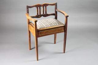An Edwardian inlaid mahogany box seat piano stool with hinged  lid 20"w x 14"d x 20"h
