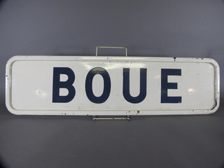 A blue and white painted enamelled sign marked Boue 37" x 10"