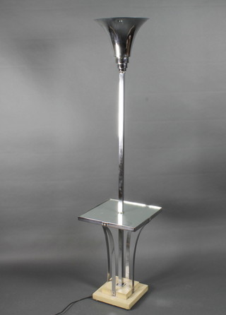 An Art Deco chrome and glass standard lamp, the base  incorporating a mirrored coffee table 69"   ILLUSTRATED