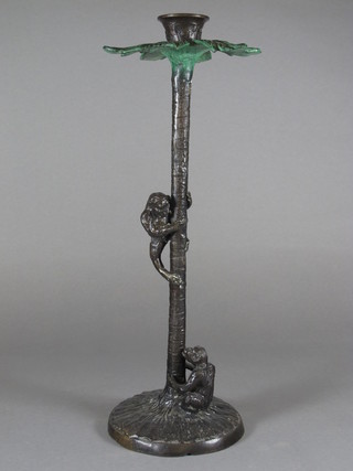 A bronze candlestick in the form of a palm tree decorated 2  monkeys 16"