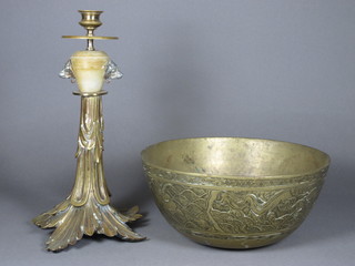 A circular Eastern brass bowl decorated landscape, the base with seal mark 10" and a gilt metal table lamp