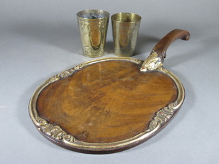 An oval walnut serving tray 11", an embossed copper beaker and  1 other