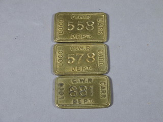 3 reproduction brass GWR railway tokens marked Loco Depot  558, 578 and 881