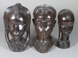 3 various African carved portrait busts 9" and 8"