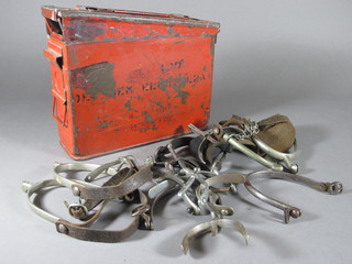 5 pairs of dress spurs, 2 pairs of spurs and 4 other spurs  contained in a red painted ammunition box