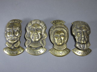 4 brass door knockers decorated Kings and Queens of England - Elizabeth I, Charles I, George IV and George V
