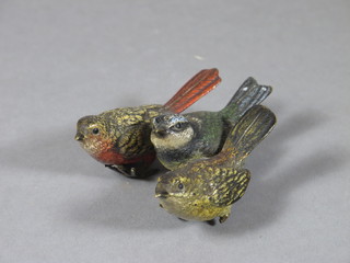 3 Austrian cold painted bronze figures of birds, tails indistinctly marked 3", 1 foot f,