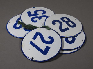 6 circular Continental enamelled numeral plates - 27, 28, 33, 34, 35 and 38