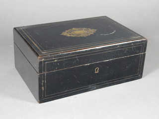A Victorian ebonised trinket box, the hinged lid with inlaid brass decoration 10"w x 7"d x 4 1/2"h