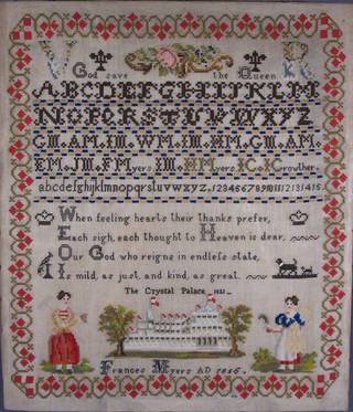 A Victorian sampler with alphabet and motto, decorated The  Crystal Palace by Frances Myers 1886 19" x 16 1/2"   ILLUSTRATED