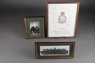 A copy photograph of 617 Squadron The Dambusters 5 1/2" x  14", a copy group of Guy Gibsons medal ribbons and a framed  Dambusters dedication 20" x 15" with facsimile signatures