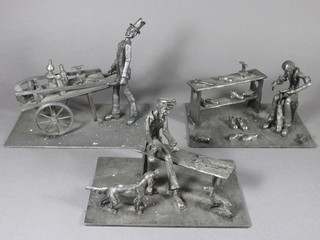 3 metal sculptures of street vendors 10"