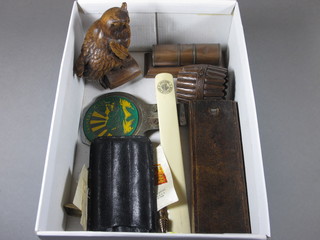 A leather cigar case, a Young Farmer's Club car radiator badge  and a small collection of curios