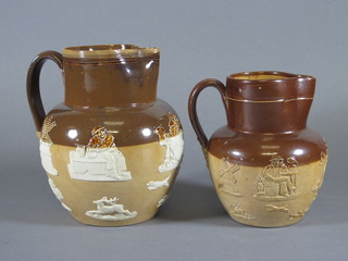 A Doulton Lambeth brown salt glazed hunting jug, the base  marked Doulton Lambeth 4284 7" and 1 other 6"