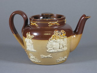 A Royal Doulton salt glazed hunting teapot, cracked - f and r, 4"